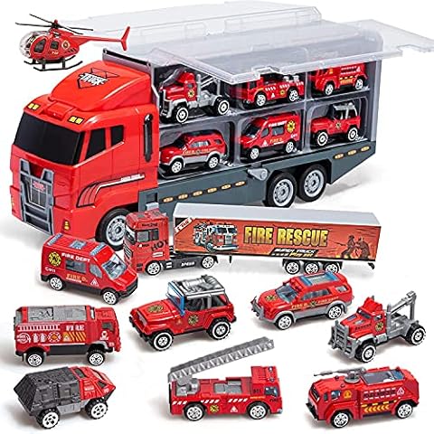 Coolplay Fire Truck Toy Set Mini Die-cast Car Set Rescue Emergency Vehicles Fire Engine Vehicle 10 in 1 Big Carrier Truck for Kids Boys and Girls Cover