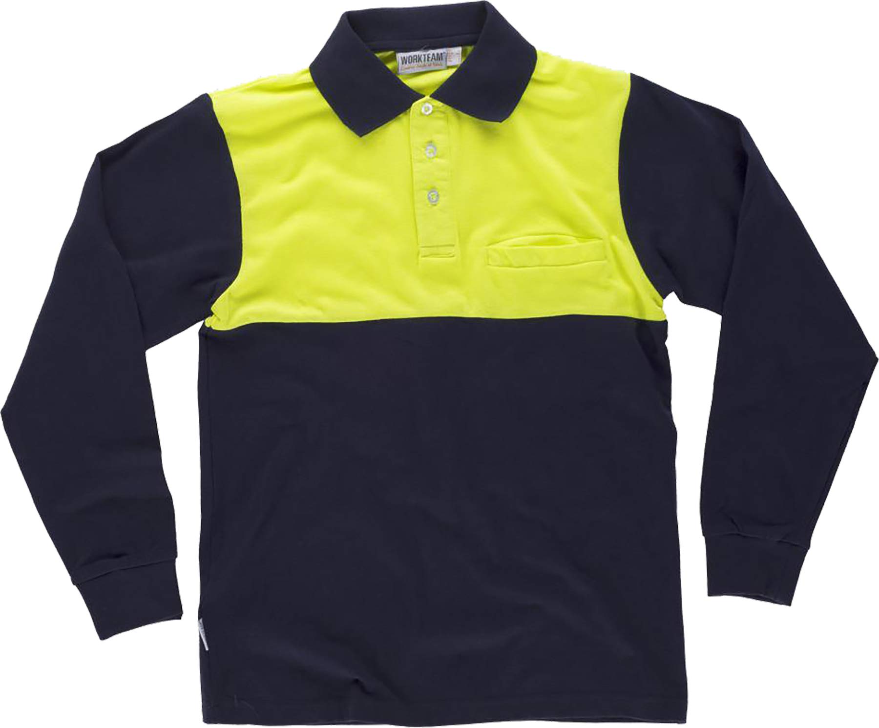 WORKTEAM Polo Combinado de Manga Larga en Algodón Piqué, Parte Superior de Alta Visibilidad, Cuello Clásico con Botones, Bolsillo de Pecho, Unisex