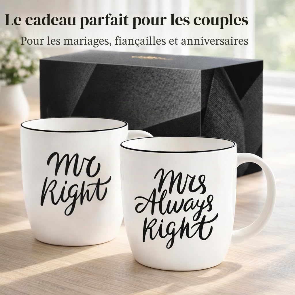 Gifffted Mr Right Mrs Always Right Mugs, Cadeau De Mariage Unique Pour le Couple,cadeaux Pour Fiançailles,anniversaire, Mariée et le Marié, Cadeaux de Noël, Ensemble À Café, Original Couples Tasses