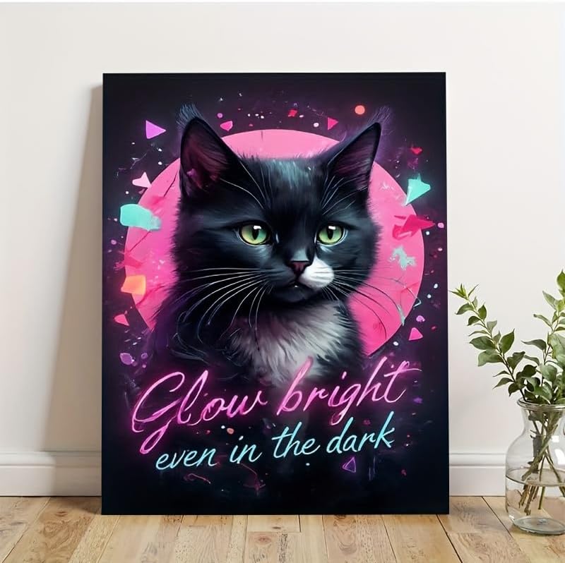 Miniatura 3 de Canvas Wall Art Painting Retro Synthwave Black White Cat Neon Geometric Shapes Layered Framed Motivational Ready To Hang Modern Decor for Bedroom