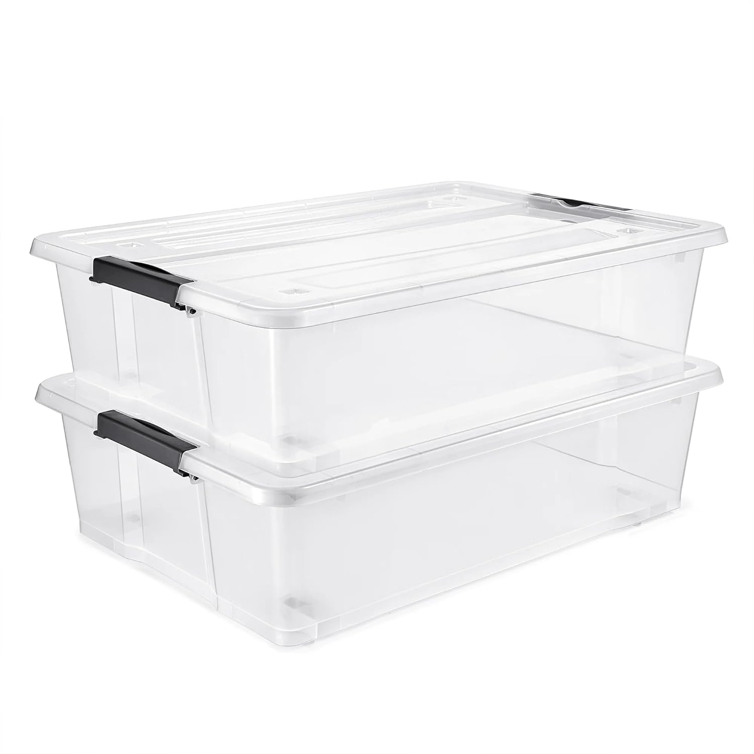 (2 Pack) 40 Qt Clear Underbed Storage Bins with Lids & Handles, Stackable Low Profile Plastic Containers for Closet Dorm