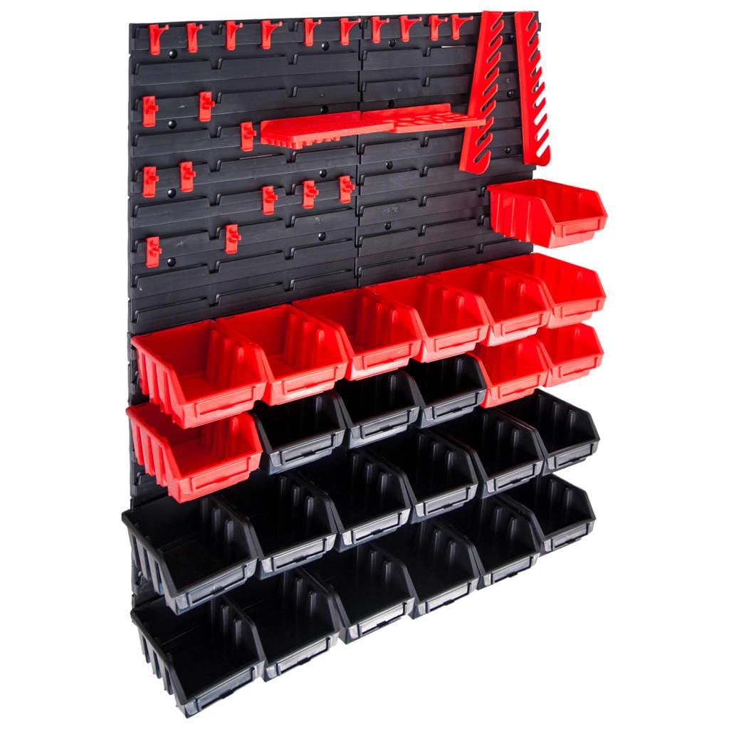 Juego de 29 cajas de almacenamiento con soporte de pared, de plástico, en rojo y negro, apilables con etiquetas, para taller, garaje, sótano, sistema de organización