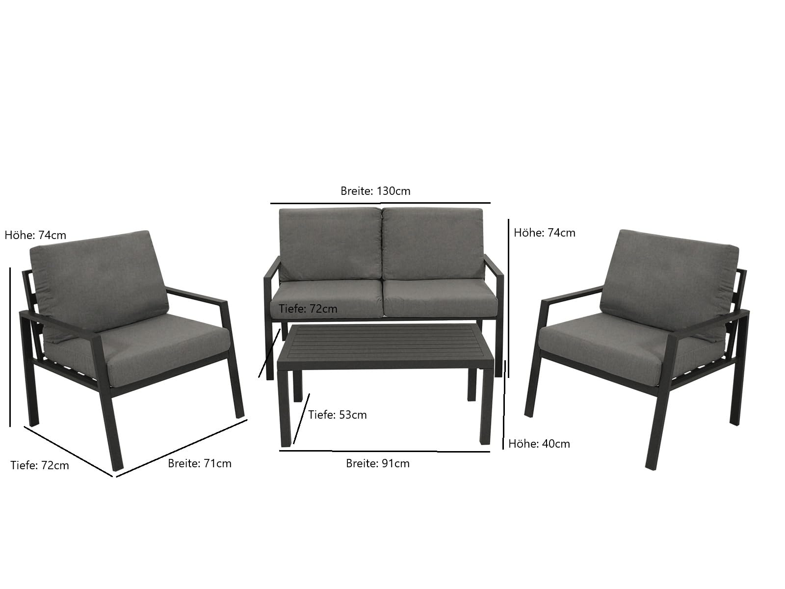 DEGAMO Loungeset Gartenset Vancouver 4-teilig, Aluminium anthrazit, Polster grau, wetterfest, Outdoor