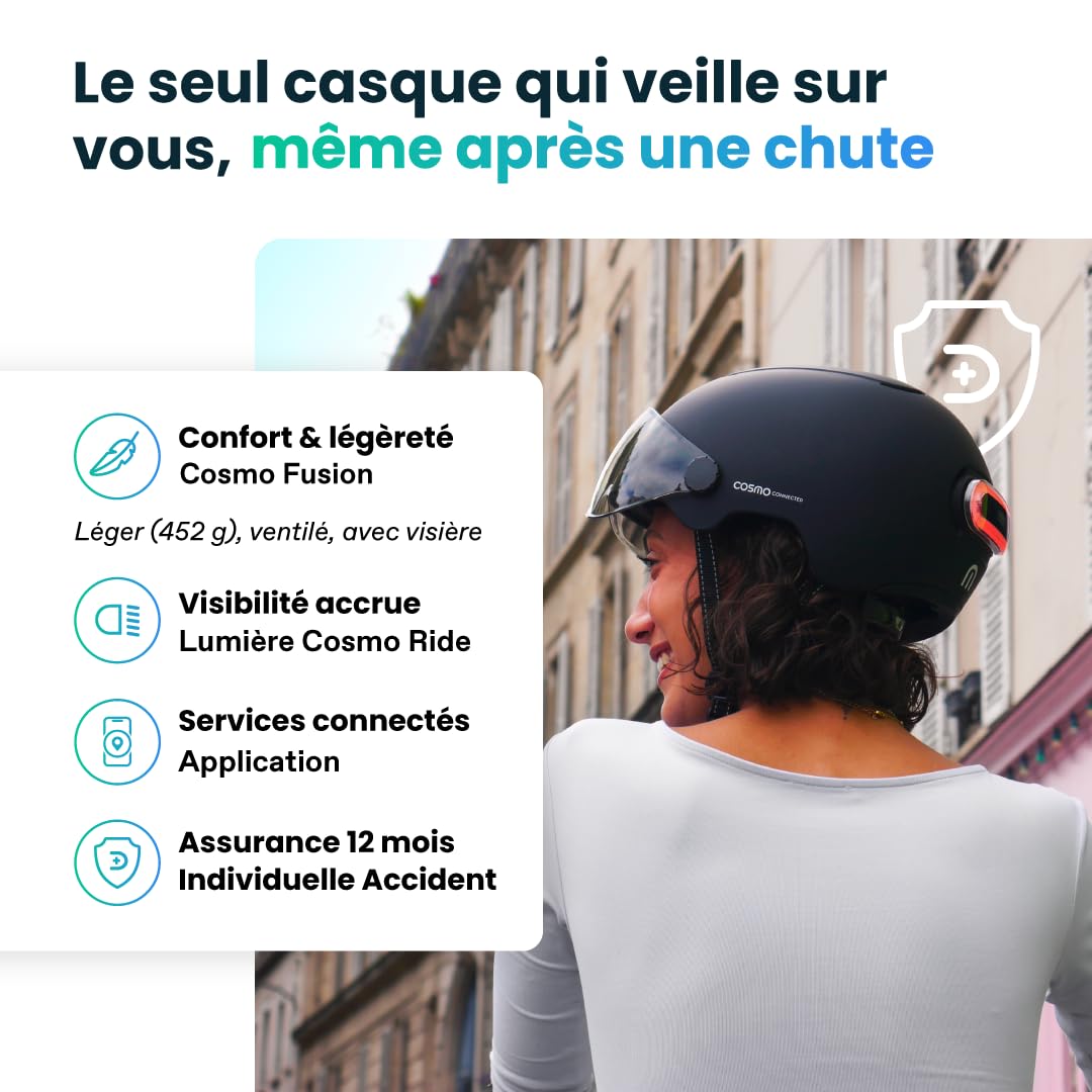 Cosmo Connected Cosmo Fusion+ Casque Intelligent Vélo Trottinette Visière Adulte Clignotants Feu Freinage Automatique Détection Chute