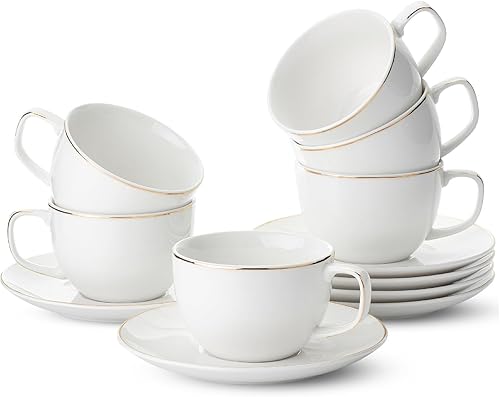 Miniatura 14 de BTaT Tazas de té y platillos de porcelana - 6 onzas, negro, juego de 6, adultos Negro,Blanco (Daisy White),Margarita blanca con ribete