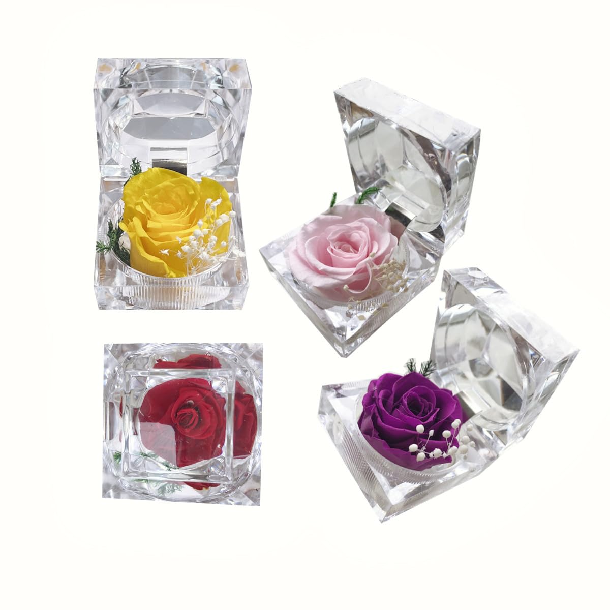 Preserved Rose Real Fresh Rose in Mini Clear Ring Box, Eternal Flower Rose Gifts for Women Mom Girlfriend Grandma, Mothers Day, Anniversary, Valentines, Christmas, Birthday (Yellow)