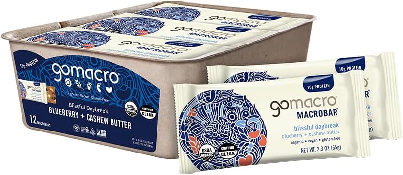Macrobar Organic Vegan Protein Bars - Blueberry + Cashew Butter (2.3 Ounce Bars (Pack of 12)