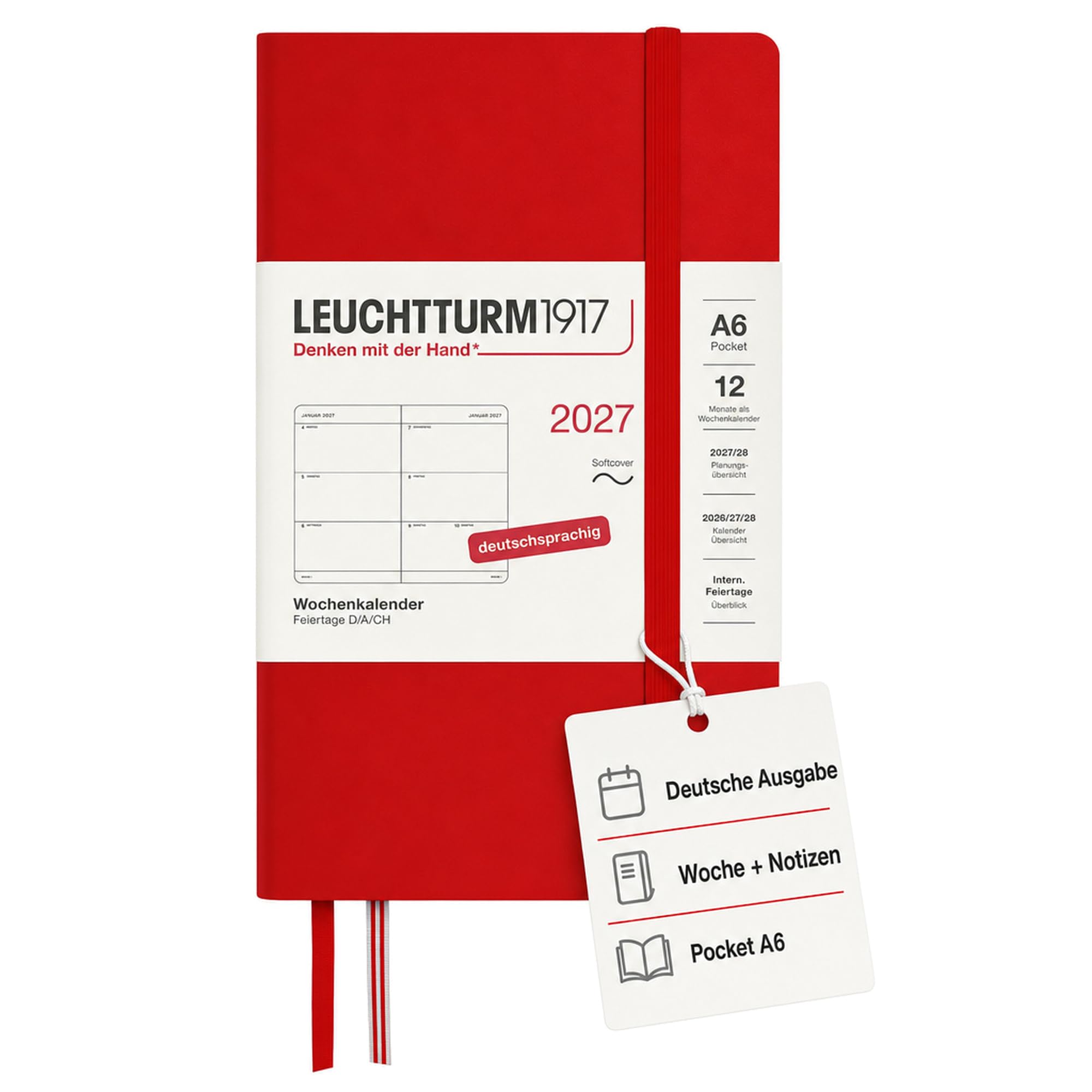 LEUCHTTURM1917 Weekly Planner 2027 Pocket (A6) - German, Cherry, Soft Cover, 90 x 150 mm, 12 Months - January-December 2027, 1 Week per Double Page, 80 g/m² Paper with High Ink Compatibility