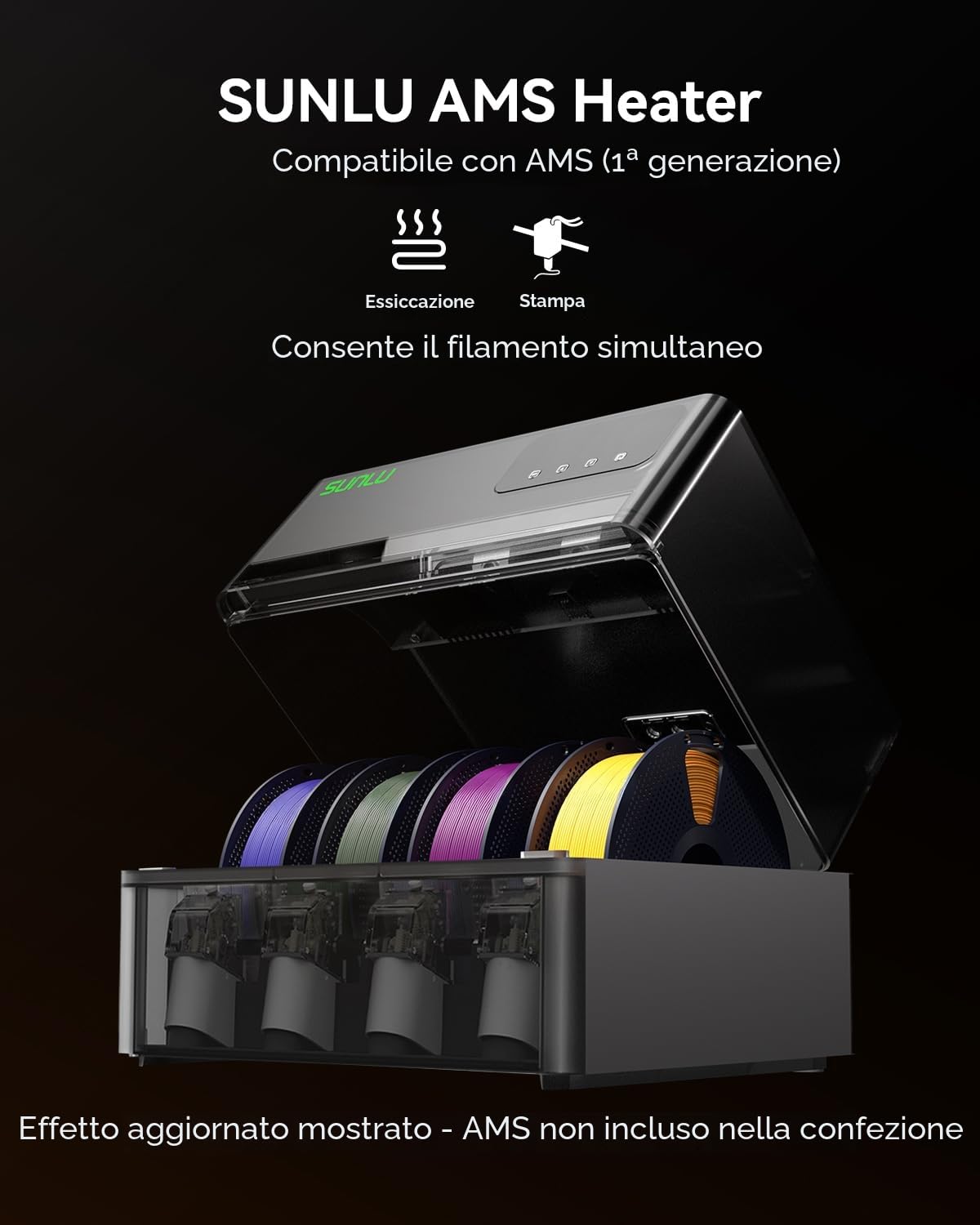 SUNLU AMS Heater per Bambu Lab AMS Gen 1, Kit di Upgrade Essiccatore Rapido 4 Bobine, Stampa ed Essiccazione Simultanea, Riscaldamento 70°C in 20 Min con Doppia Ventilazione e Protezione Tripla