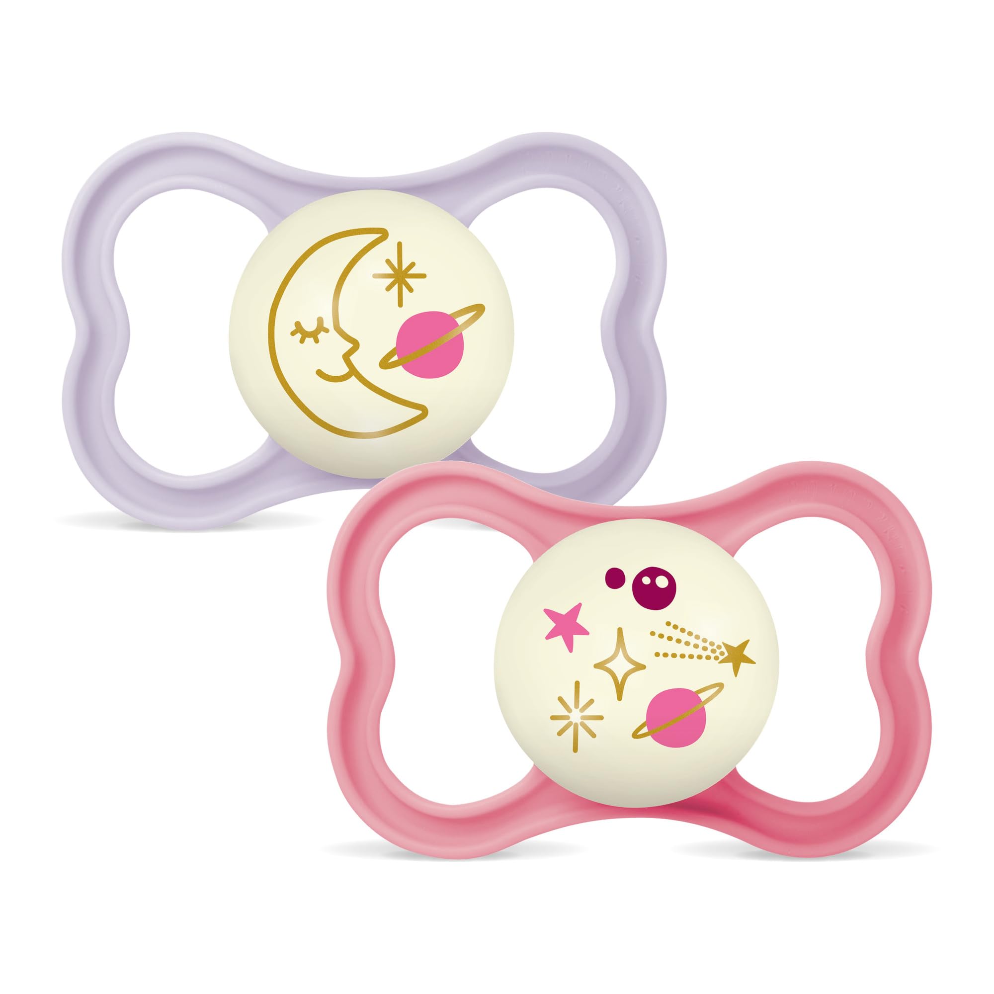 MAM Air Night S241 Pacifier with Extra Large Holes for Sensitive Skin, Ultra Soft Silicone Teat, for Babies from 6+ Months, with Automatic Sterilisation Box, Pack of 2 (Pink)