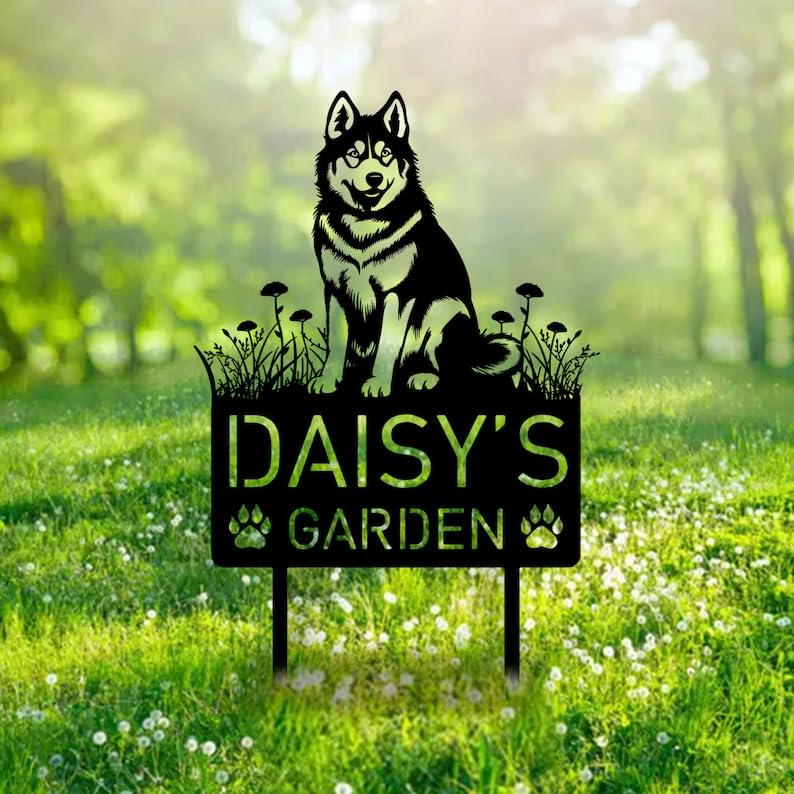 Personalised Siberian Husky Dog Garden Sign, Custom Metal Name Sign, Garden Ornaments, Pet Memorial Plaque, Siberian Husky Gifts, Backyard Decor, Dog Statue, Puppy Silhouette Outdoor Decor