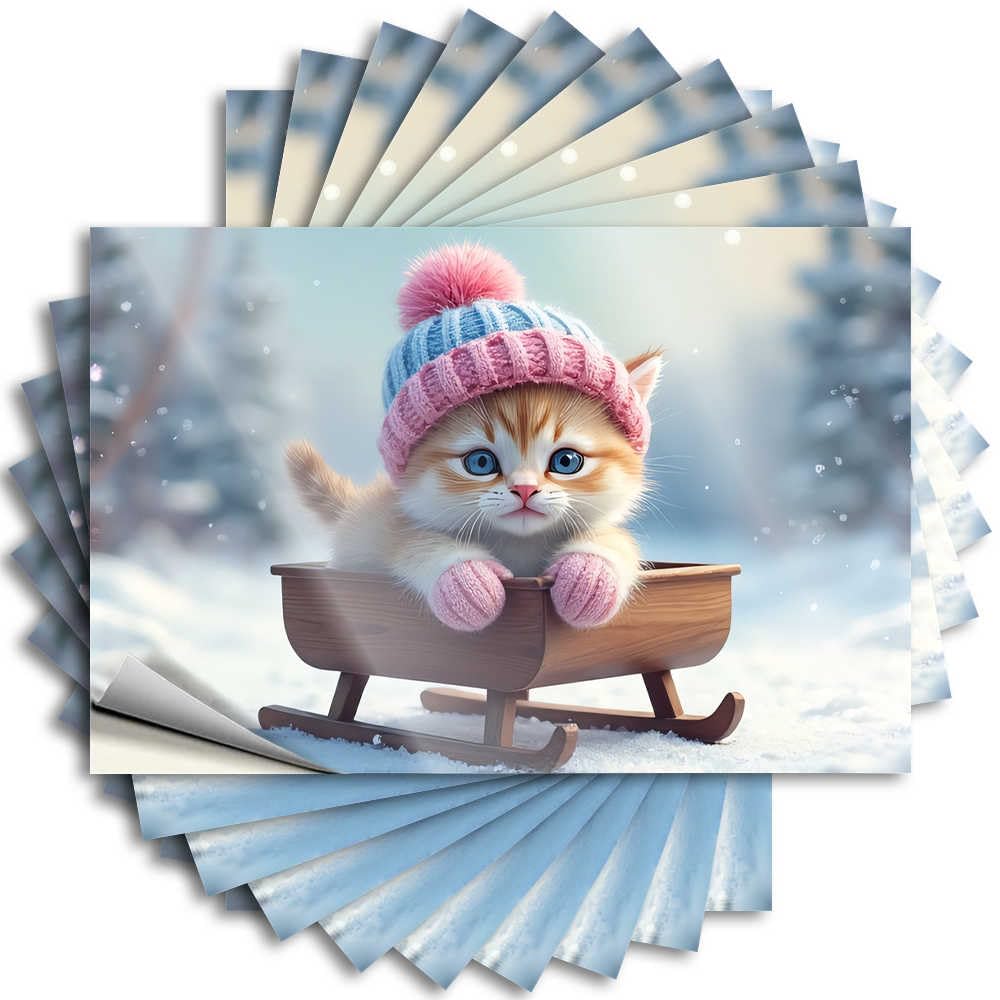 Funny Sticker Cozy Stuff Helmet Kitten in Winter Wonderland On Sled - No Residue Decals for Western(12X18CM)