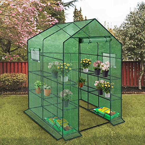 Reinforced Walk-in Greenhouse with Window,Plant Gardening Green House 2 Tiers and 8 Shelves,L56.5 x W56.5 x H76.5