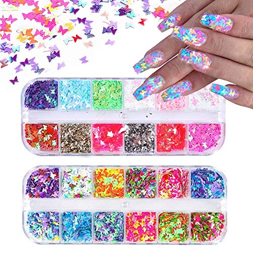 Kalolary 2 Boxes 3D Butterfly Nail Art Glitter Sequins, Multiple Colors Laser Butterfly Nail Sequin Splarkly Paillettes, Holographic Nail Glitters for Festival/Christmas Nail Art Decoration Makeup
