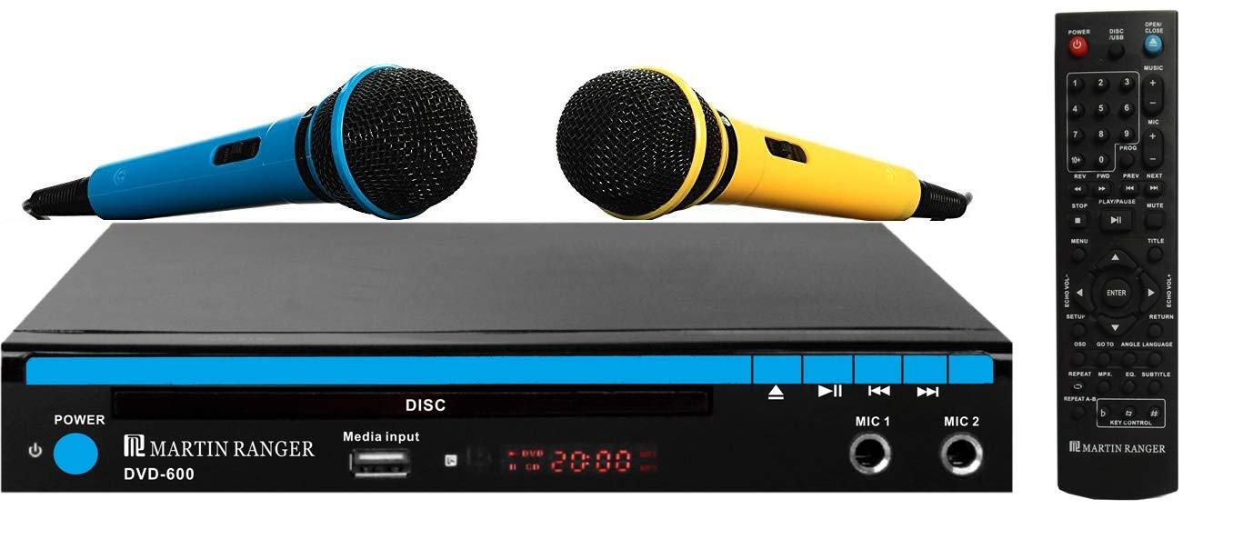 Odtwarzacz DVD 1080p z funkcją odtwarzania USB i karaoke w połączeniu z 2-drożnym aktywnym głośnikiem i dwoma mikrofonami przewodowymi