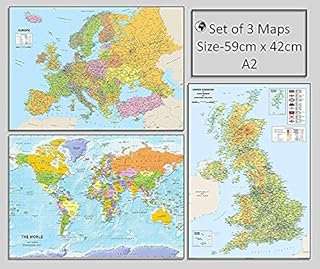 Set of 3 A2 Maps - World, Europe, UK