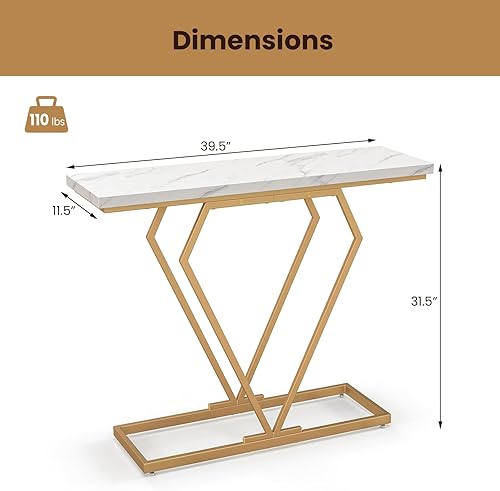 Miniatura 3 de GOFLAME Mesa consola dorada de 39.5 pulgadas, mesa de entrada estrecha de mármol sintético con marco geométrico en forma de diamante, mesa de sofá
