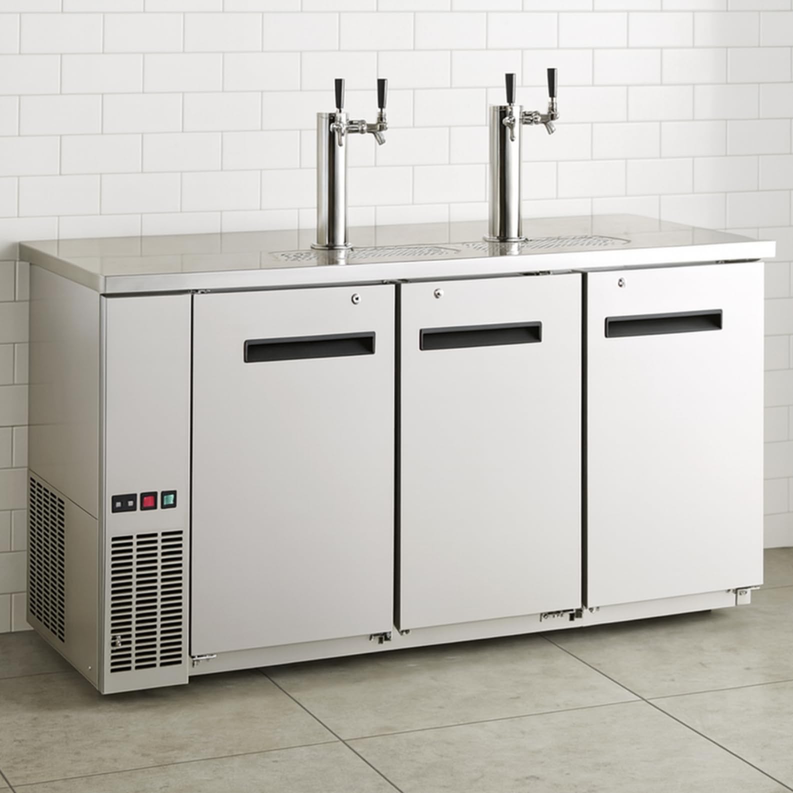 Double Tap Kegerator Beer Dispenser – Black, Fits (2 or 3) 1/2 Kegs, Dual Faucet Draft Beer Cooler with Adjustable Temperature and Locking Casters (Stainless Steel, Width: 72")