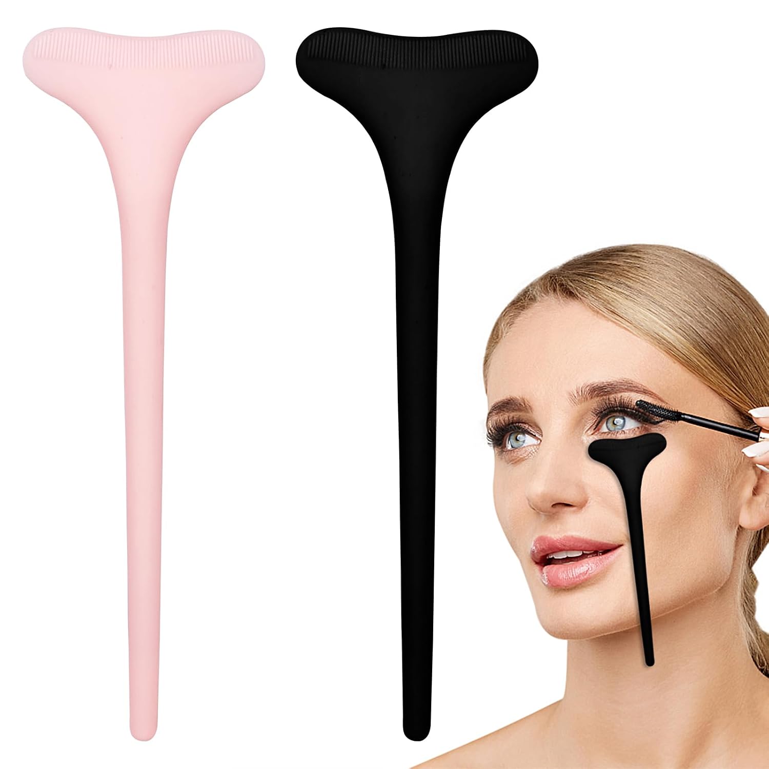 Mascara Applicator, Reusable Silicone Eyelid Protection Tool, Silicone Eyeliner Tool, Eyeliner Applicator, Makeup Tool for Beginners (Black+Pink), 2 Pieces