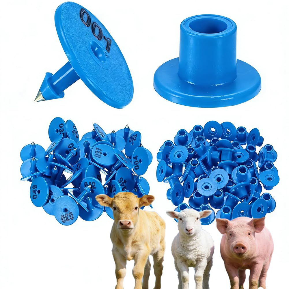 100 marche auricolari per bestiame con numeri tondi 001-1000 adatte per suini, ovini e bovini (verde/viola/rosso/bianco/giallo/blu/arancione) blu 001-100