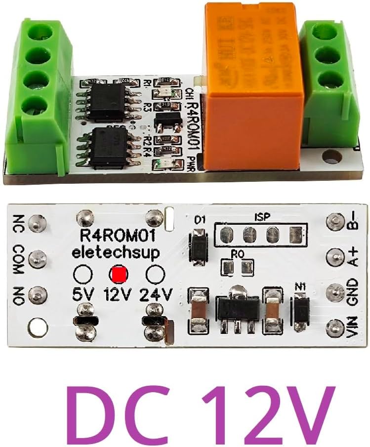 Top view of the eletechsup R4ROM01 module, showing the circuit board, relay, and terminal blocks.