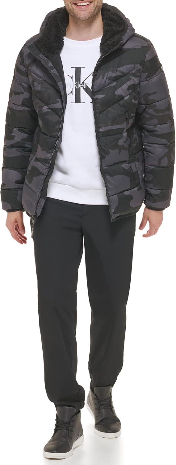 Calvin Klein Men's Winter Coat-Puffer Stretch Jacket with Sherpa Hood at  Men’s Clothing store
