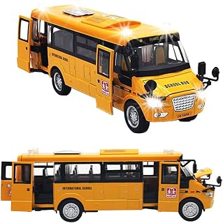 School Bus Toys for Toddlers, 9'' Pull Back Yellow Toy Bus Diecast Cars with Sounds, Lights and Open Doors, Birthday for Boys, Girls, Kids