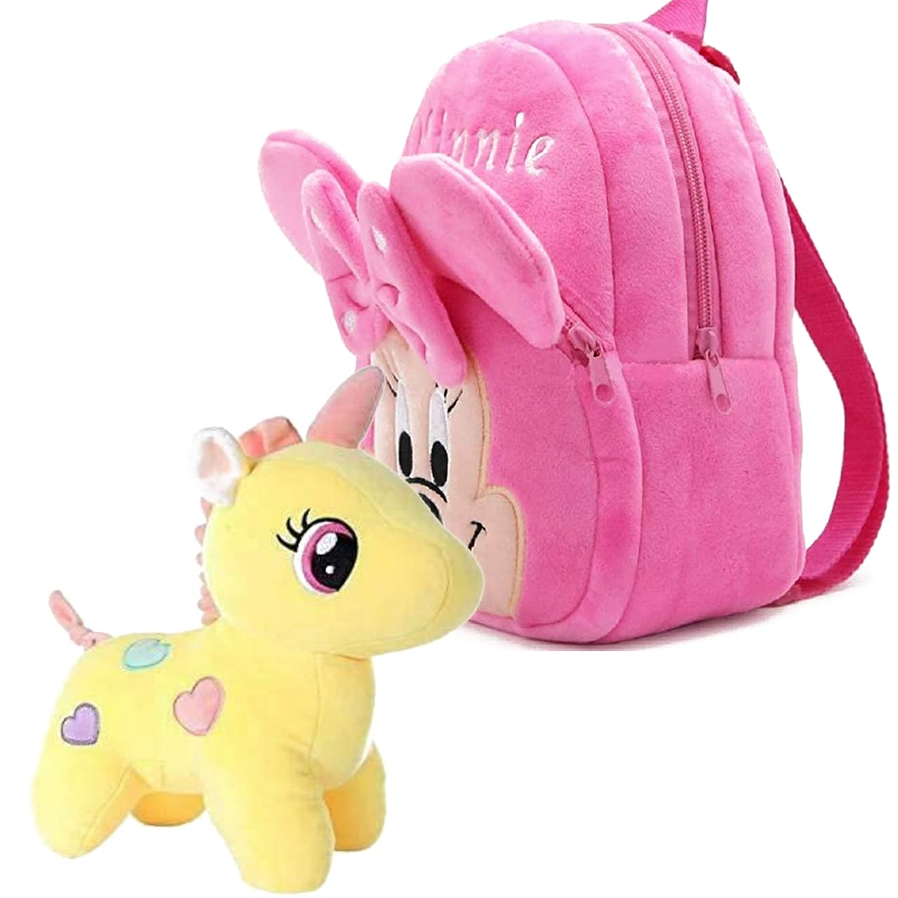 CASTEN Velvet Toddler Plush Cartoon Minnie Pink Color Bag with Beautiful Yellow Color Unicorn for Kids/Babies/Boy/Girls for Study with Smile