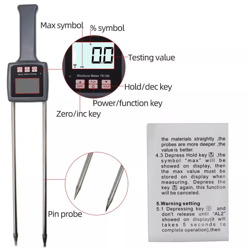 TK100 Moisture Measuring Device Fiber Material Testing Portable Humidity Tester Meter for Corn Hay Straw Bran Oats Rapeseed Rough Rice Fibre Bales