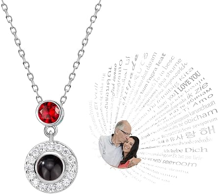 Custom Birthstone Necklace for Women Personalized Projection Necklace with Picture Inside, Choose Your Own Birthstone I Love You Necklace in 100 Languages- Best Photo Gift