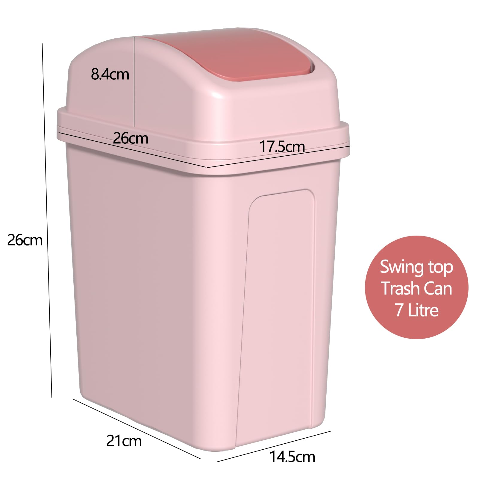 Zopnny 7 L Small Trash Bin with Swing Lid, Plastic Waste Bin for Bathroom Pink - Image 2