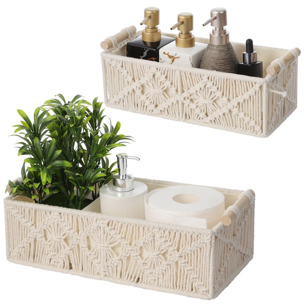 Cestas de almacenamiento bohemias de color marfil, 2 cajas tejidas de macramé con asas de madera, perfectas para baño, dormitorio, cocina y oficina