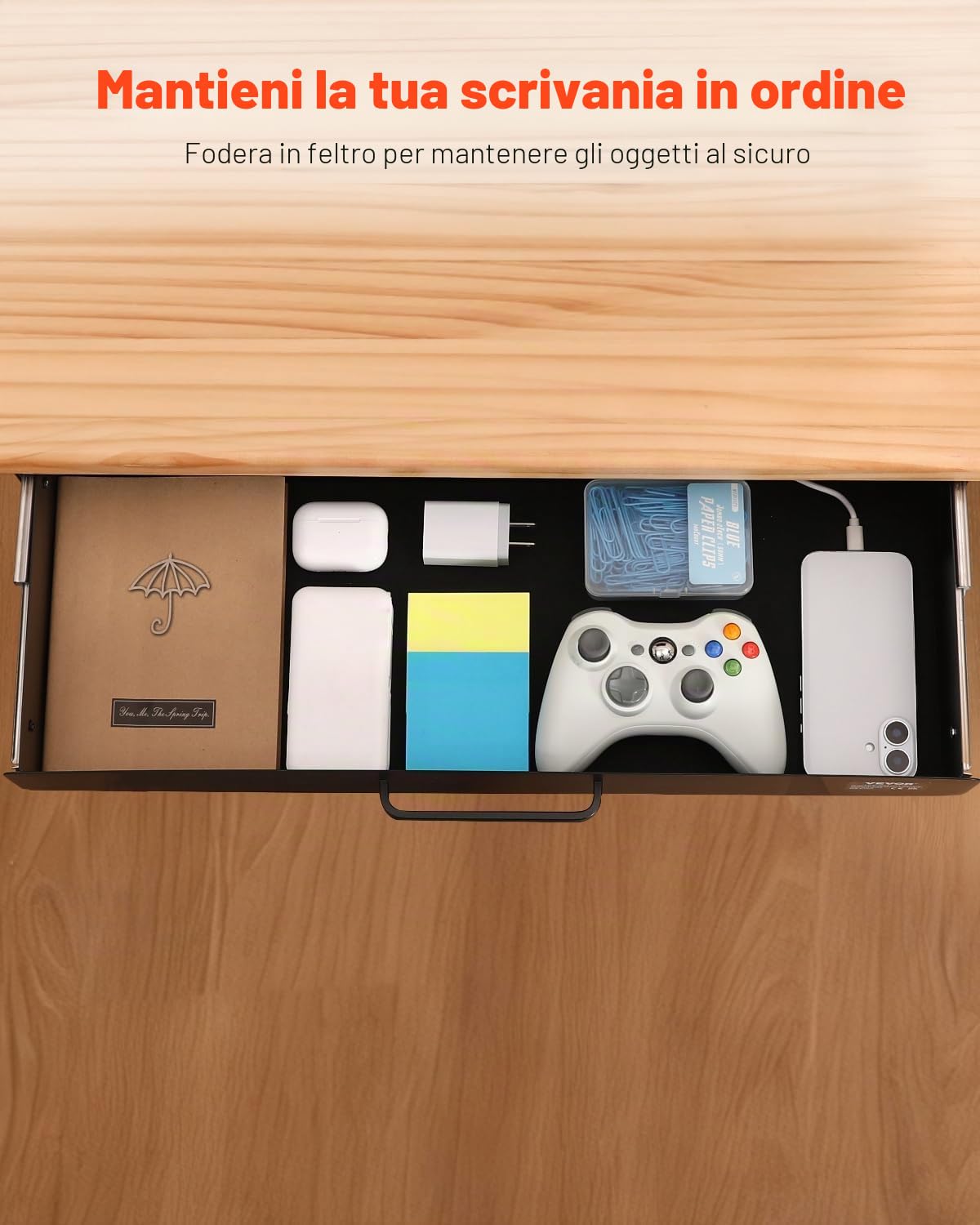 VEVOR Cassetto Estraibile Sotto Scrivania 635 x 232 x 75 mm Organizzatore Nascosto per Riporre Oggetti sulla Scrivania, Cassetto Portapenne Sotto Tavolo, per Postazioni di Lavoro da Ufficio, Nero