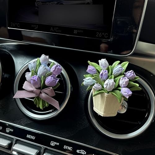 ミニカーエアベントクリップ、アロマストーンディフューザー、エアコン装飾クリップ、車用芳香剤、フレグランスディフューザーエアアウトレットクリップ、芳香器車内美的アクセサリー【精油10ml】ピンクオレンジチューリップ(青紫)+鉢植えのチューリップ(青紫)