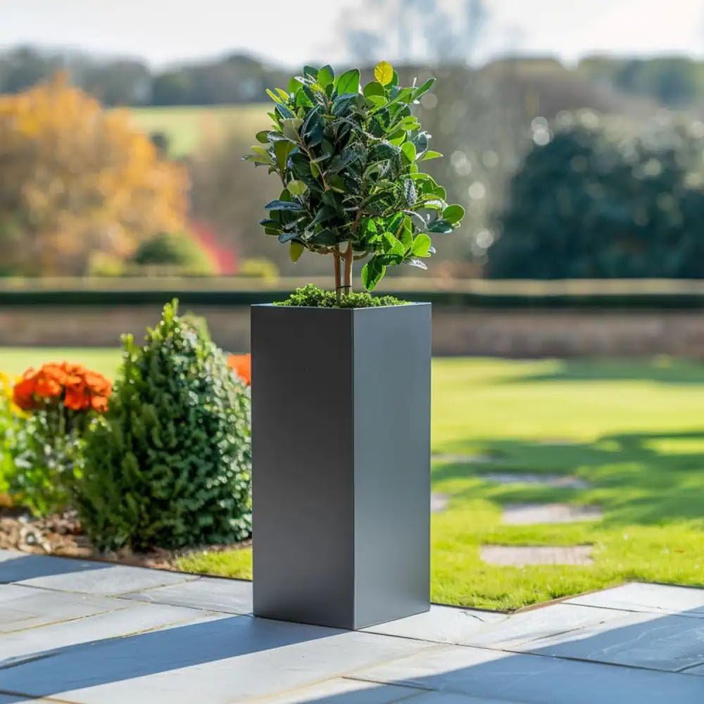 Tulipy Zinc Galvanised Tall Square Planter | No Assembly Needed | Lightweight (Matte Grey, L32cm x W32cm x H75cm)