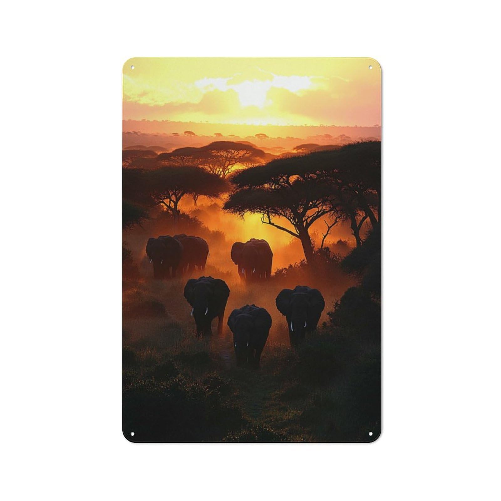 Workshop Style Garage Metal Sign 30x20cm Featuring Elephants at Sunset in African Savannah, Industrial Wall Art for Workshop, Basement, Shed Or Games Room