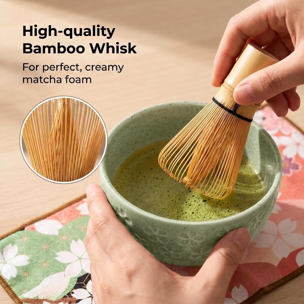 Matcha Whisk Set of 8 Pieces with Ceramic Bowl, Bamboo Chasen,Tea Whisk Stand,Sifter,Spoon,Scoop & Stand, Towel,Complete Matcha kit (Green)