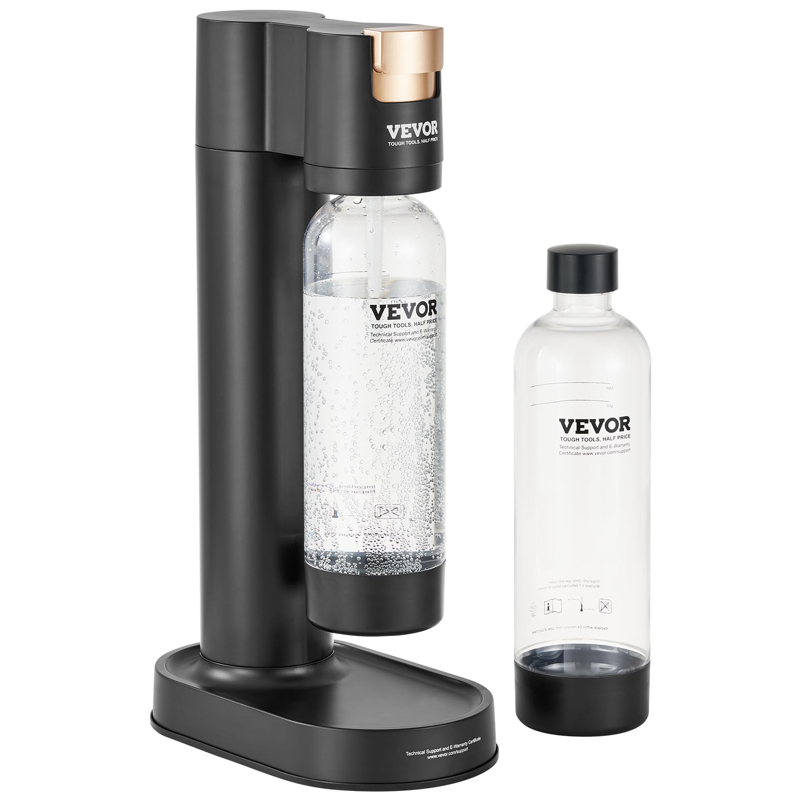 VEVOR Machine à eau gazeuse, machine à eau pétillante et soda pour gazéification domestique avec 2 bouteilles PET de 1 L sans BPA, compatible avec le cylindre de CO2 60 L à visser (non inclus), noir