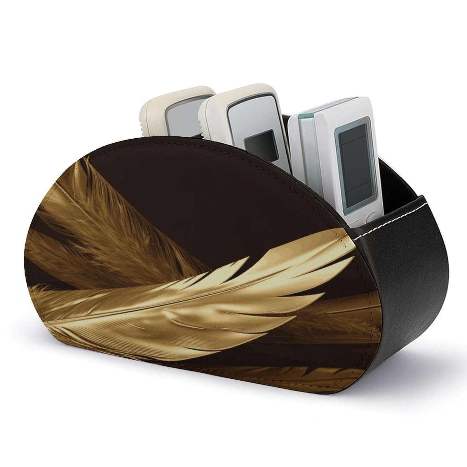 FekiLoot Golden Feathers Remote Control Holder with 5 Compartments Multi-functional TV Remote Caddy Organizer Leather TV Remote Holder Desktop Organizer Store for Bedside Table Office Desk
