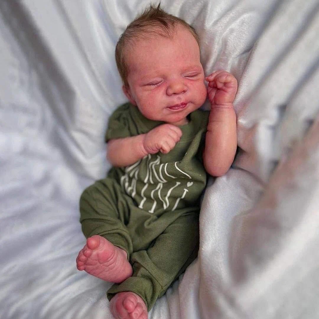 Anano Full Silicone Reborn Baby Doll Boy 18in 45cm Flexible Platinum Realistic Silicone Baby Doll With Lifelike Belly Button, Olive Green Outfit Included, Perfect For Collecting And Companion