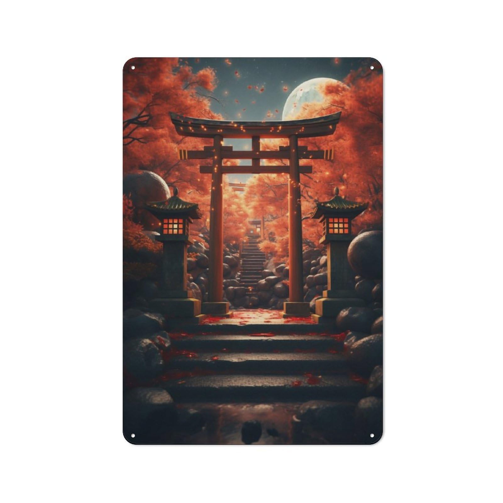 Junmoney Japanese Torri Gate Moon Vintage Metal Sign 30X20cm For Dining Room Or Kitchen, Suited To Home Decor Collectors