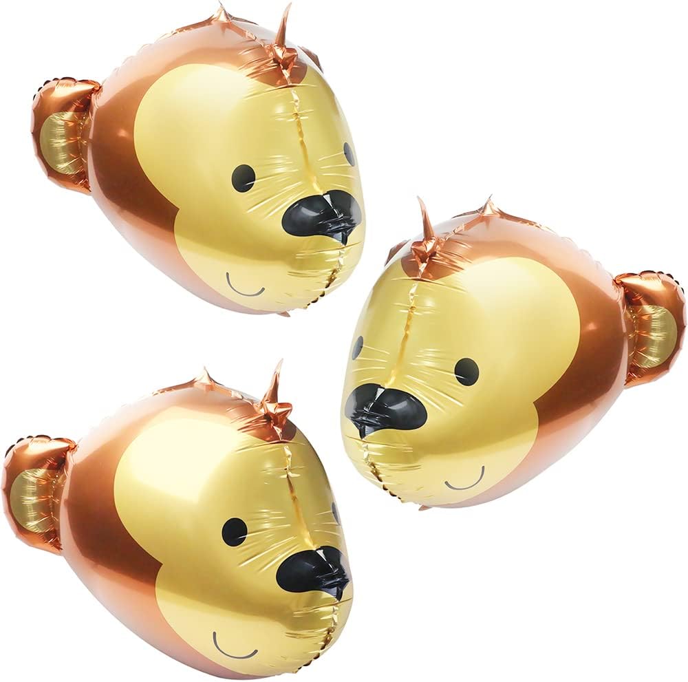 3D Woodland Animal Monkey Head Balloons - Huge Zoo Monkey Balloons Baby Shower Balloon Forest-themed Happy Birthday Party Supplies, 3 Pack 23'' Monkey Aluminum Film Helium Balloons, with Ribbon