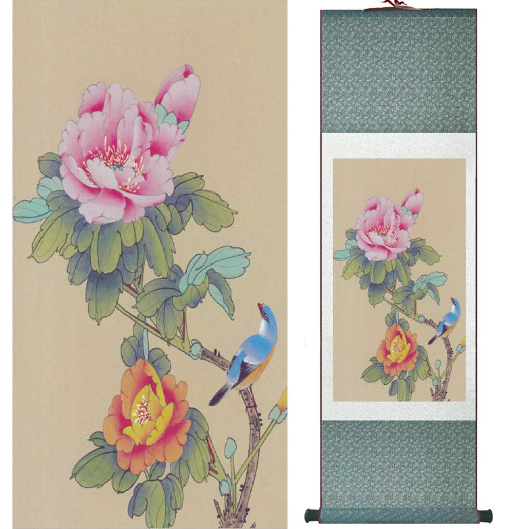 水墨画 花と鳥の絵 Amazon | 鳥と花の絵シルクスクロールの絵伝統的な鳥と花の絵