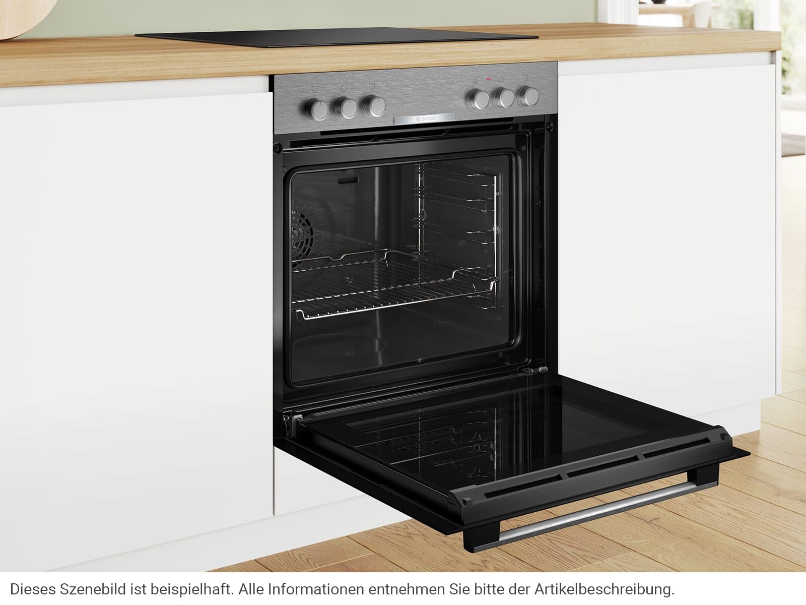 Bosch HND211CS63, Einbau-Herd-Set, Einbau-Herd 60 cm, HEA510BS3, Serie 2, 3D-Heißluft, Versenkknebel, Edelstahl & Elektro-Kochfeld 60 cm, NKN645GA2E, Serie 4, Herdgesteuert, 21 cm Kochzone, Mit Rahmen