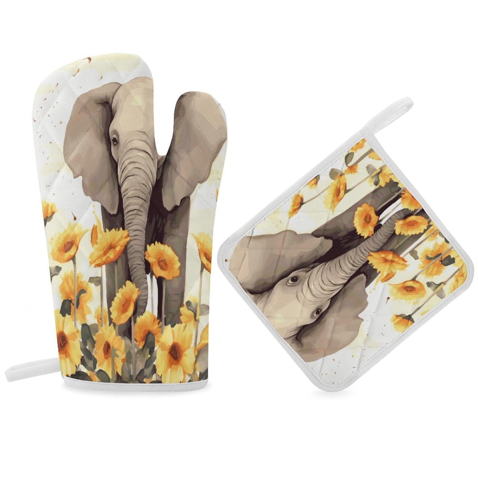 Fodpand Women's Style Elephant And Sunflower Oven Mitts And Pot Holders Sets,Oven Gloves For Kitchen Oven Mitts And Potholders For Baking Cooking Grilling Apartment Essentials