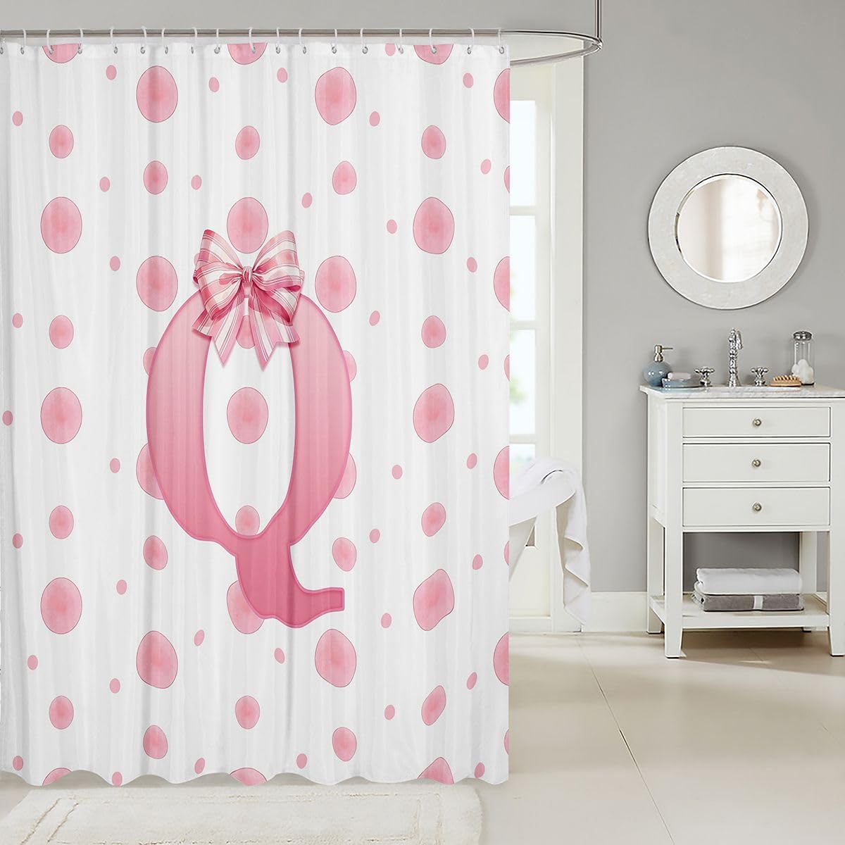jejeloiu Kawaii Pink Bow Shower Curtain for Bathroom Decor Princess Bowknot Bath Curtain Personalized Letter Bathroom Accessories Polka Dot Waterproof Polyester Fabric for Stalls Bathtubs image 2