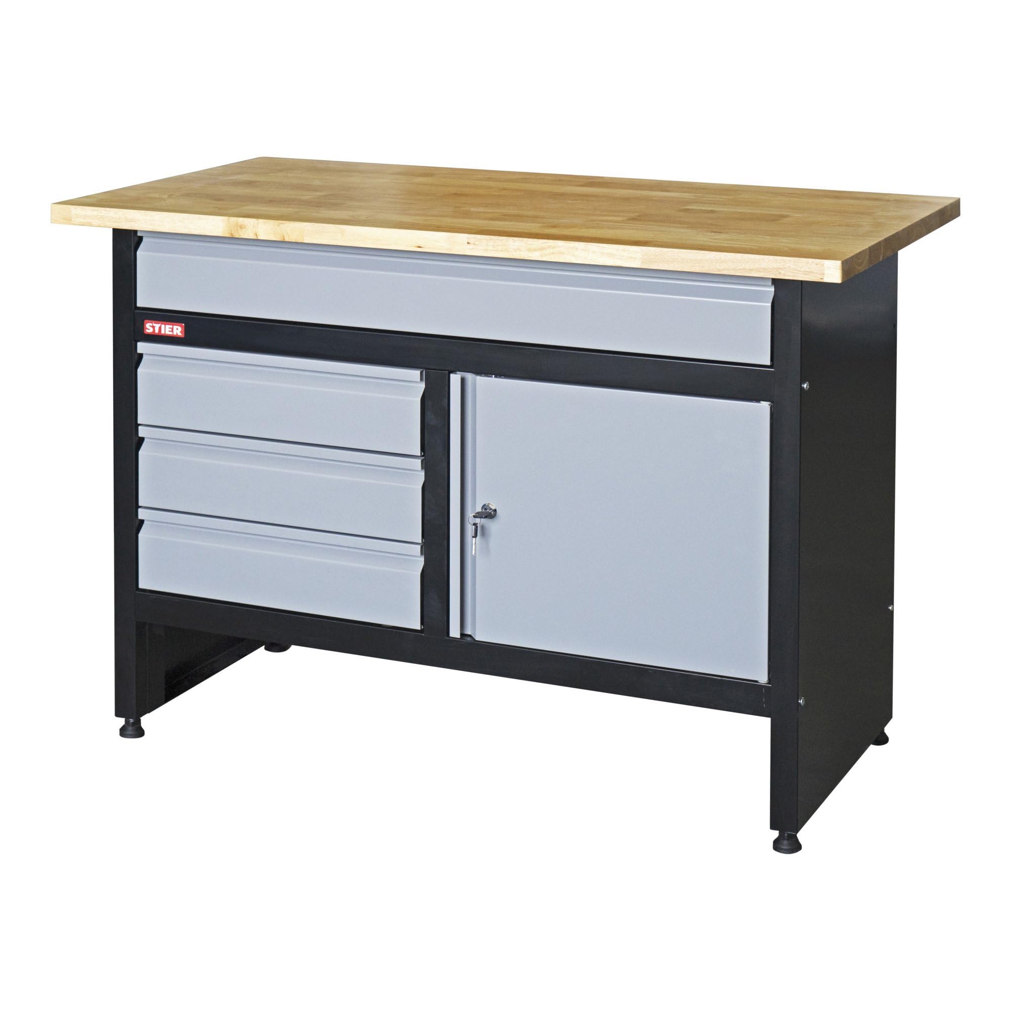 STIER Werkbank Basic, 4 Schubladen, Belastbarkeit 300 kg, BxTxH 1200x600x840 mm, mit Pulverbeschichtung