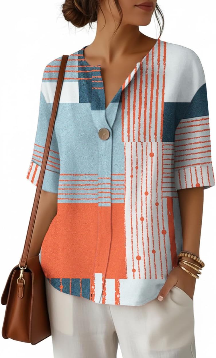 Summer Shirts for Women Button V Neck Blouses 2026 Short Sleeves Dressy Casual Tunic Tops