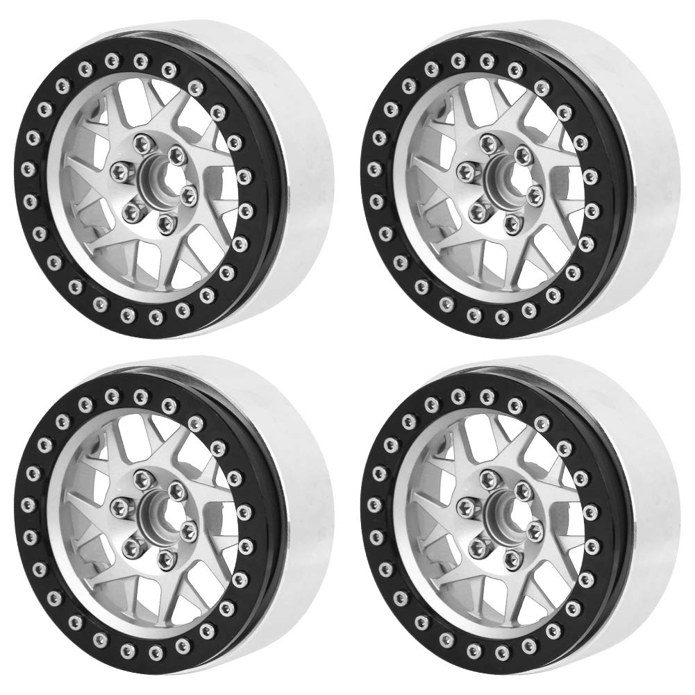equlup 4pcs 2.2inch RC Beadlock Wheels Rims Aluminium Alloy Wheel Hub Upgrade Parts Fit for SCX10 TRXX4 1/10 RC Car Rim Hub (Black+Silver)