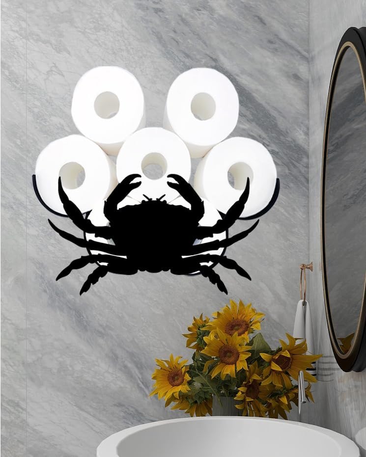 Divertido soporte decorativo para rollo de papel higiénico de cangrejo, soporte de papel higiénico de metal negro para montaje en pared, se adapta a
